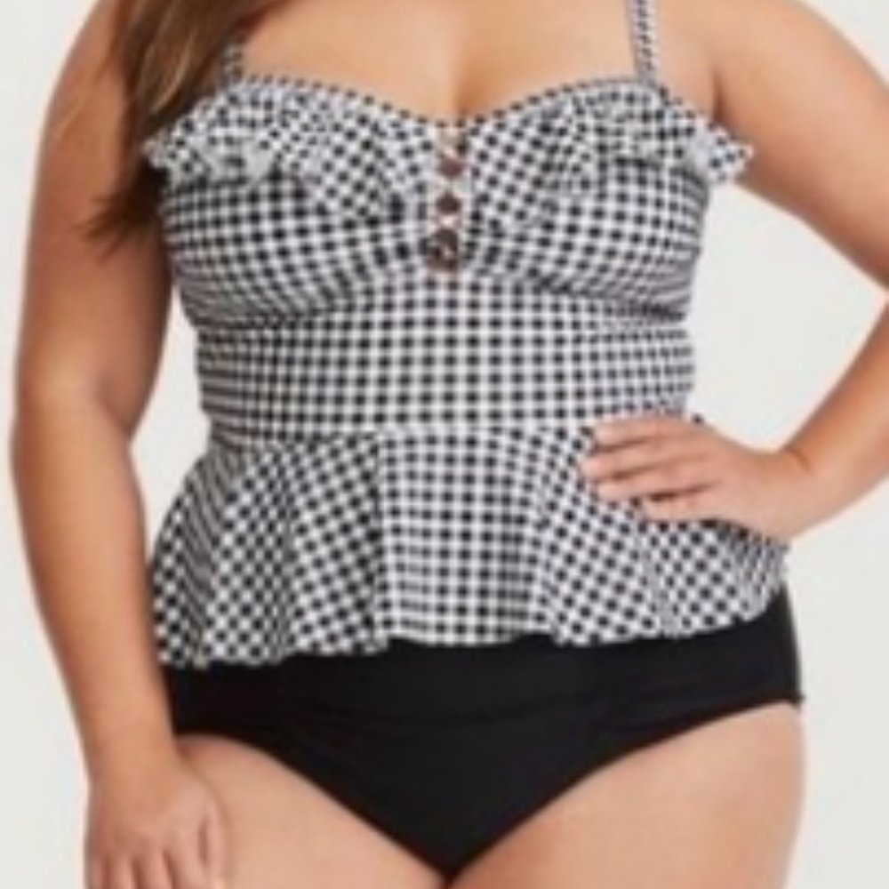 Torrid Black & White Gingham Peplum Midkini Swim Top Size 3x